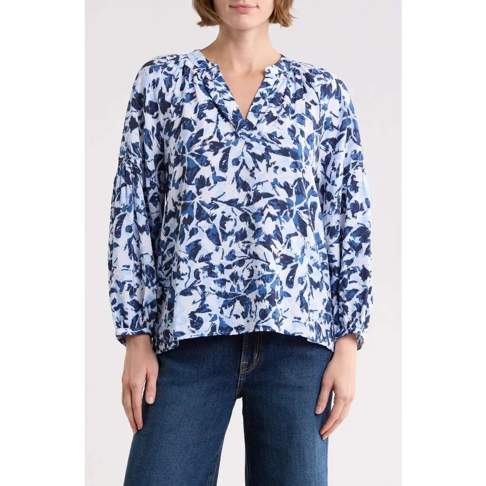NWT Caslon Long Sleeve Printed Popover Top Womens Size S Blue Botanical Blouse